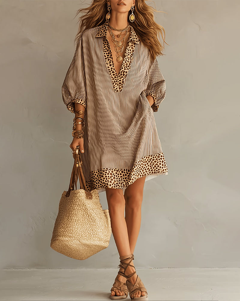 Leopard Print Panel Puff Sleeve Striped Shirt Dress