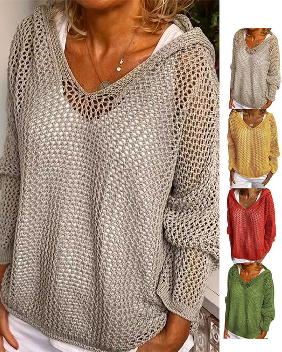 Dames Crochet Hollow Out Hooded Long Sleeve Tops
