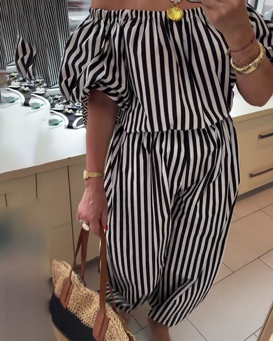 Casual Off Shoulder Striped Jumpsuits