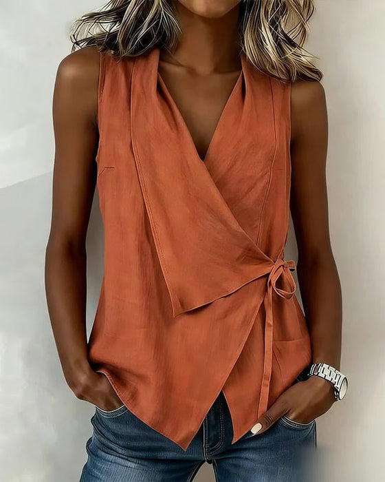 Crisscross Tie Cotton Linen Solid Tank Top