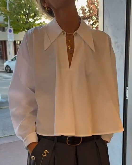 Lapel V-Neck Cropped Long Sleeve Blouse