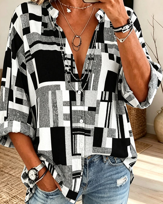 Geometric Print V-Neck Relaxed Blouse