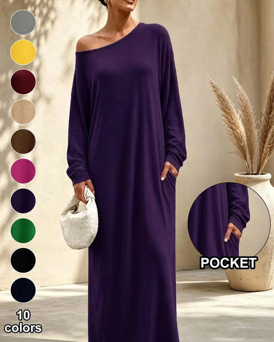 Asymmetric Off-Shoulder Long Sleeve Pocket Maxi Dress