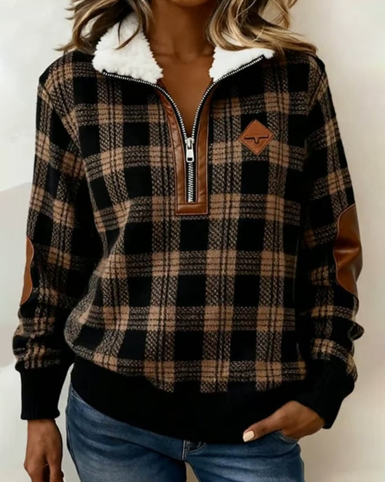 Fleece Half-Zip Collar Plaid Sweatshirt