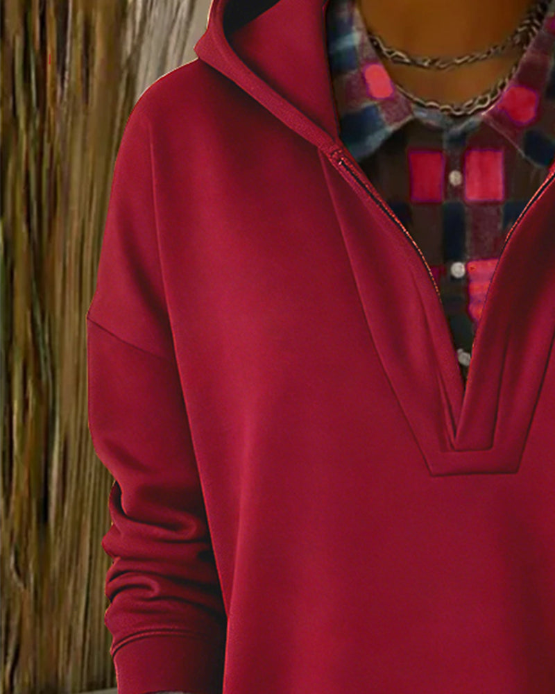 Faux Two-Piece Plaid Patchwork Hoodie