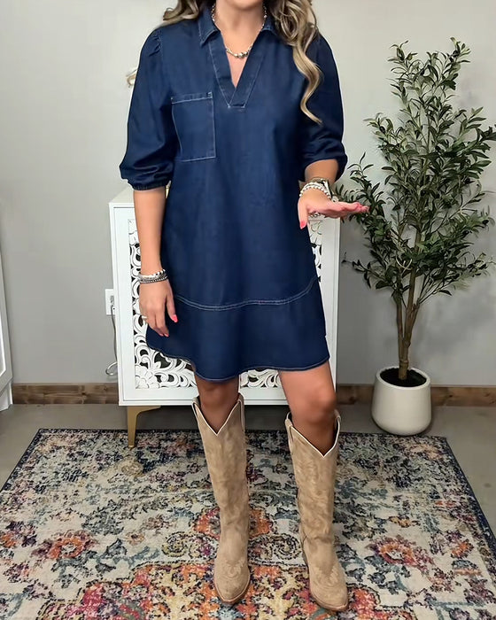 Collared Lantern Sleeve Denim Dress