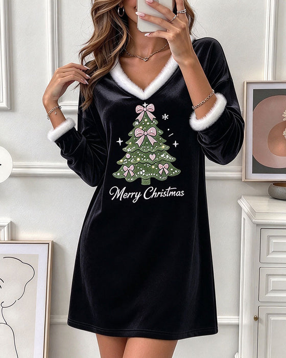 V-Neck Furry Collar Christmas Tree Long Sleeve Dress
