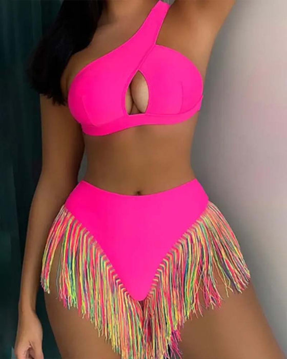 Women's Solid Color Tassel Trim Bikini Set