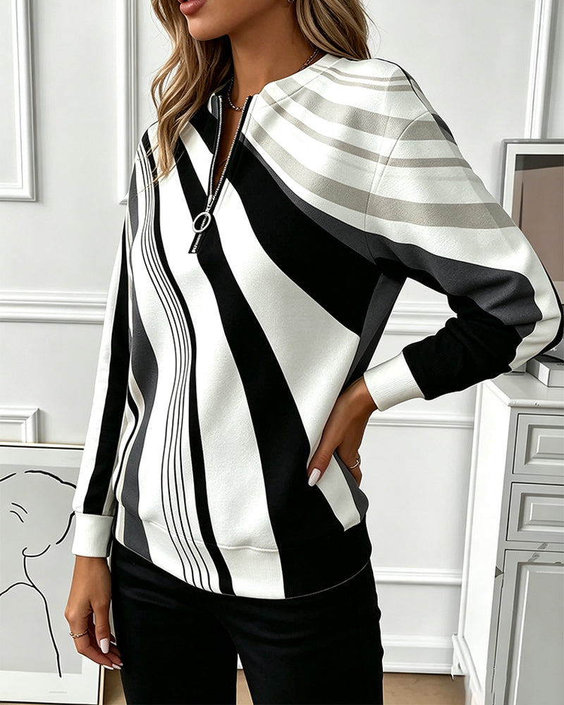 Diagonal Striped Zipper Sweatshirt