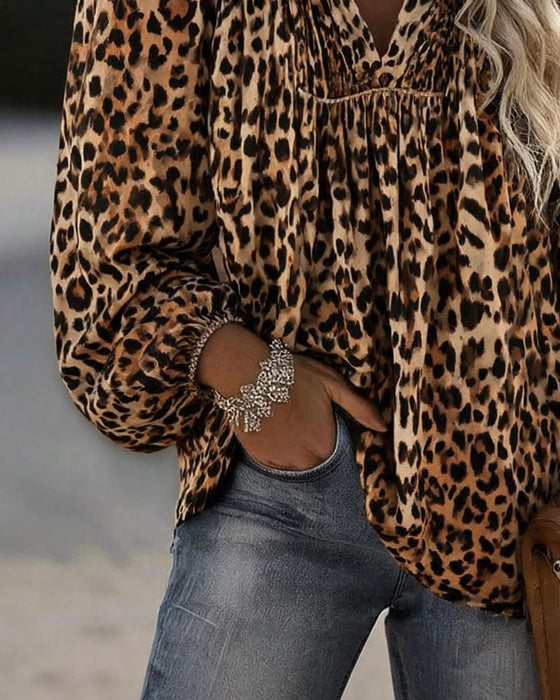 V-Neck Leopard Print Ruffled Puff Sleeve Blouse