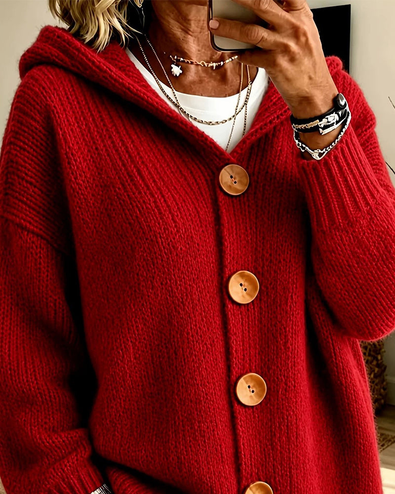 Hooded Button-Down Loose Solid Sweater