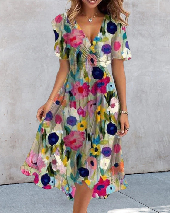 V-neck colorful printed dress