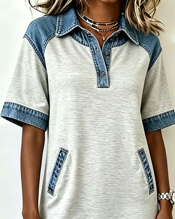 Shirt Collar Denim Patchwork Pocket Dress