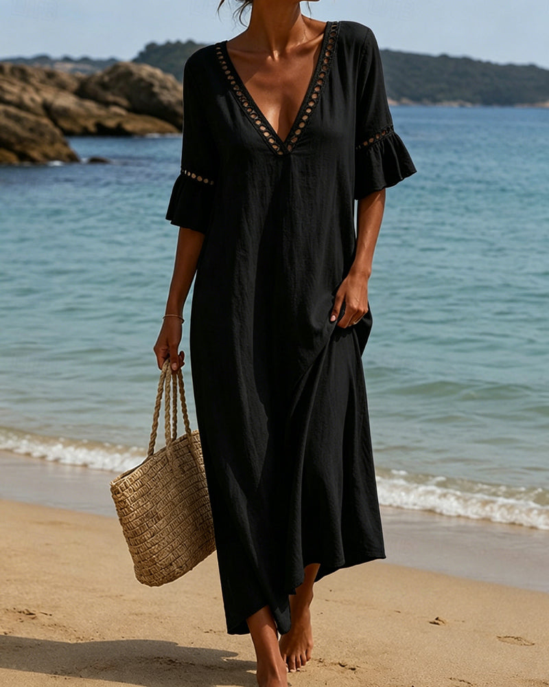 Deep V Ruffle Sleeve Hollow Lace Dress