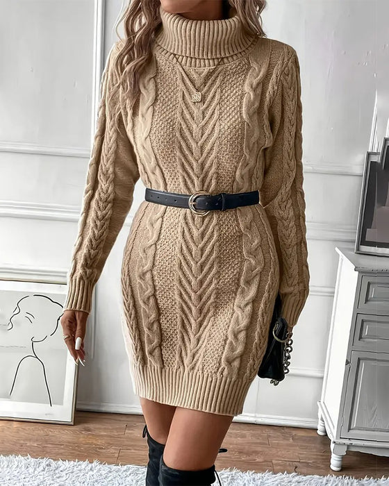 Stylish Solid Color Turtleneck Sweater Dress