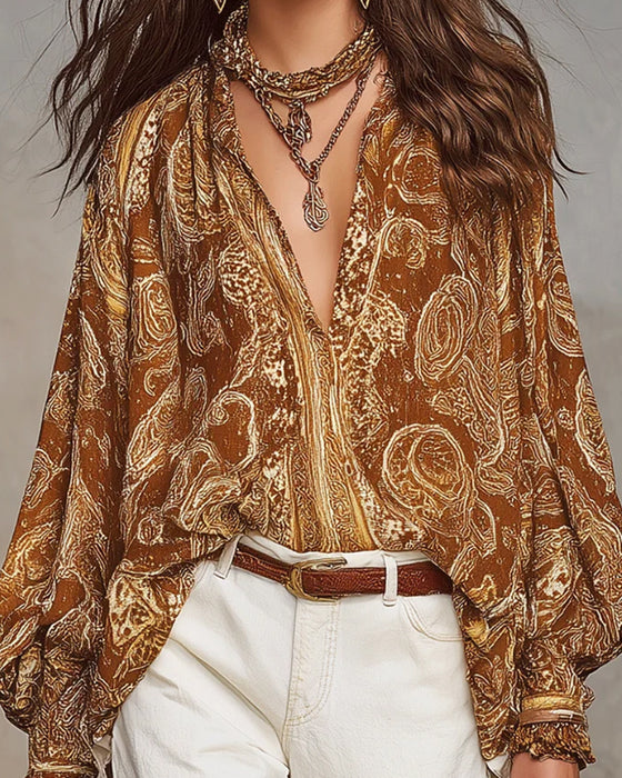 V-Neck Print Casual Blouse