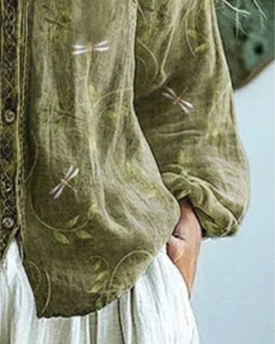 Dragonfly Embroidery V-Neck Blouse
