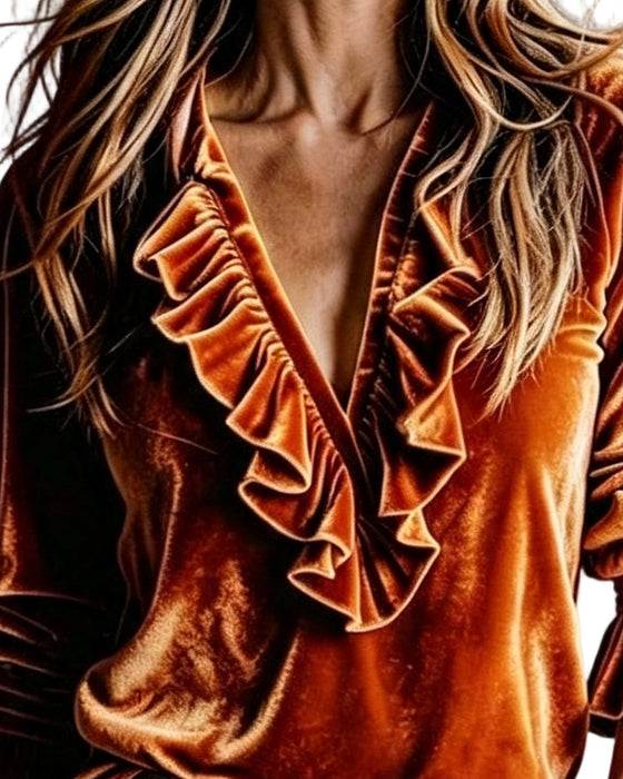 V-Neck Ruffle Tie Blouse