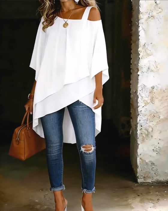 Asymmetric Cold-Shoulder Solid Color Casual Blouse