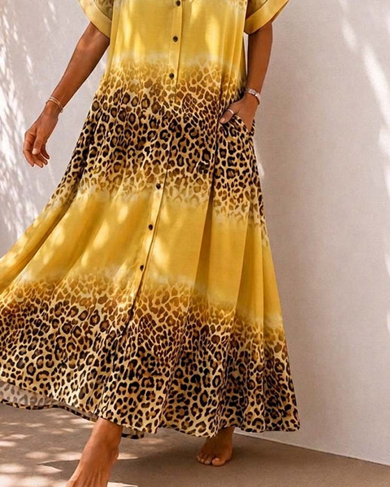 Lapel Leopard Print Gradient Shirt Dress