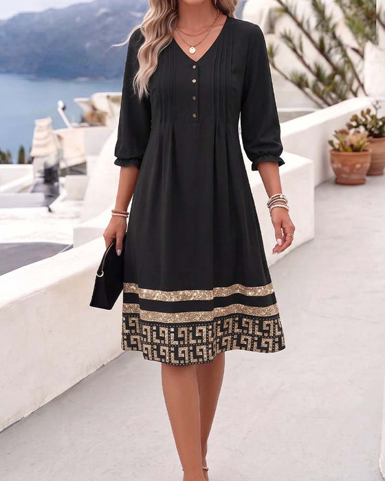 V-Neck Printed Ruffle Sleeve Dress