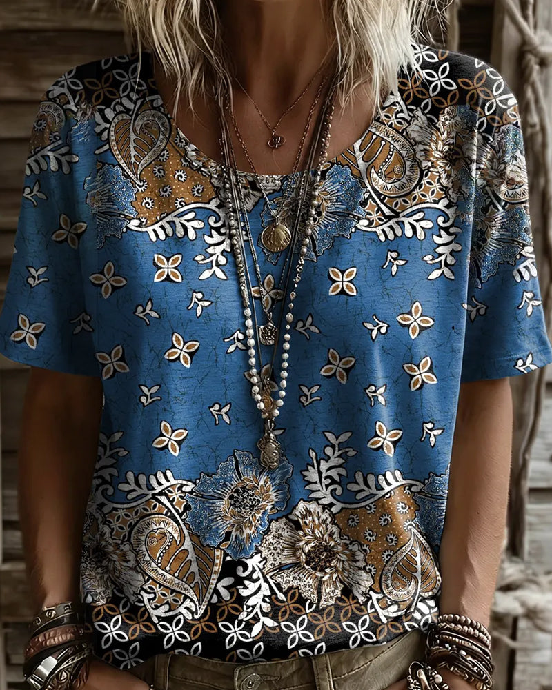 Vintage Floral Colorblock Crewneck T-Shirt