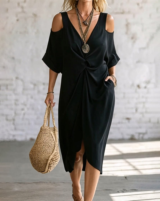 Solid Color Cold Shoulder Shirred Dress