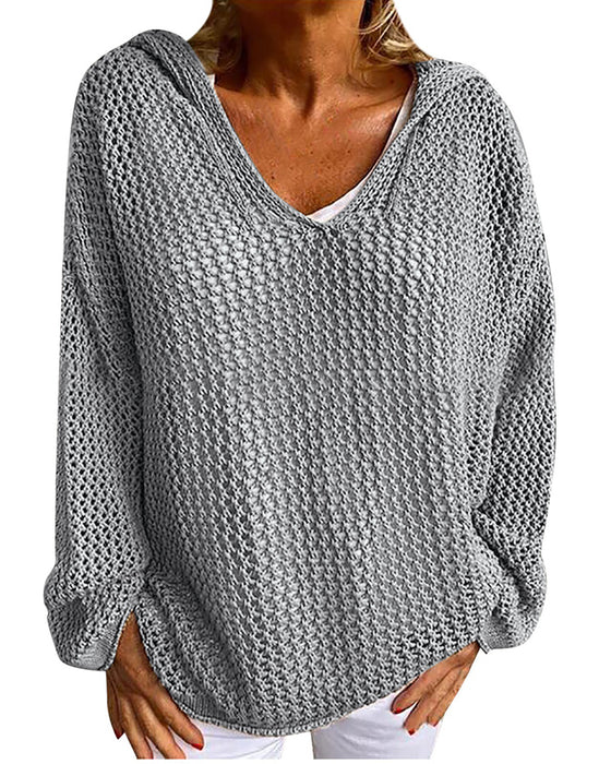 Dames Crochet Hollow Out Hooded Long Sleeve Tops