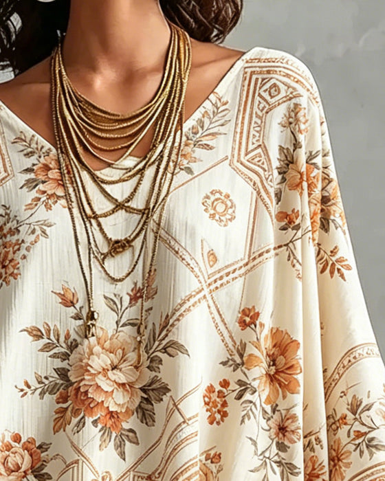 V-Neck Floral Irregular Blouse