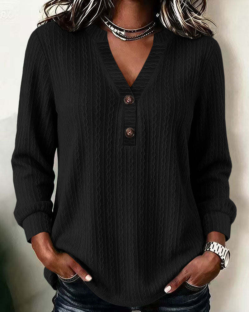 Solid Color Ribbed V-Neck Button-Down Top