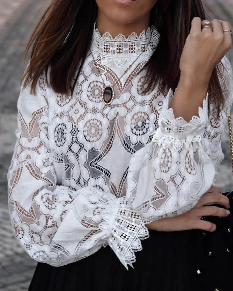 Sexy See-Through Long-Sleeved Stand-Collar Lace Blouse