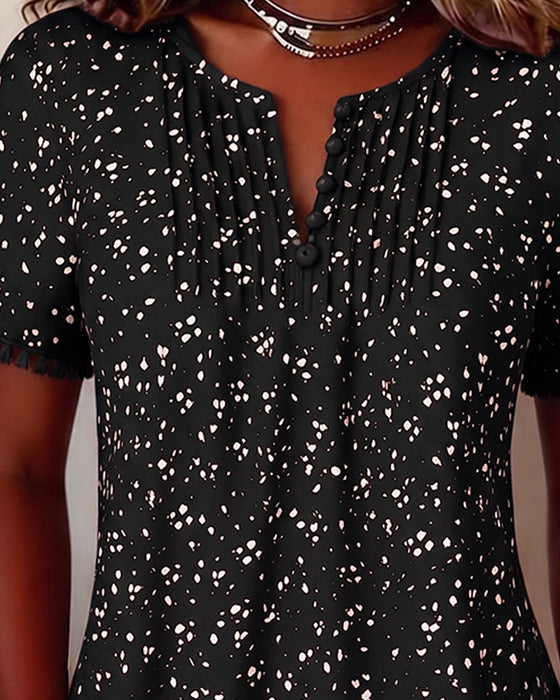 White Dot Fringe Short Sleeve Blouse