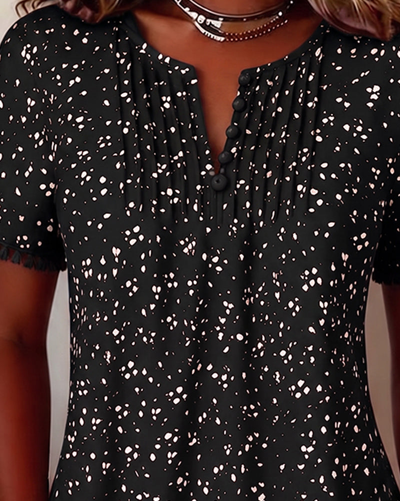 White Dot Fringe Short Sleeve Blouse