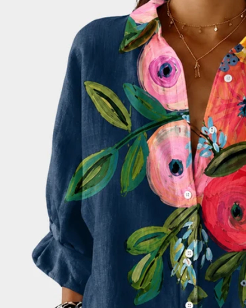 Oil Painting-Style Floral Long-Sleeve Shirt