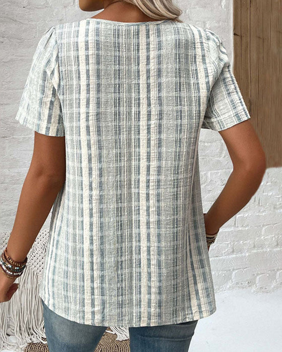 Casual V Neck Striped Plaid T-Shirt