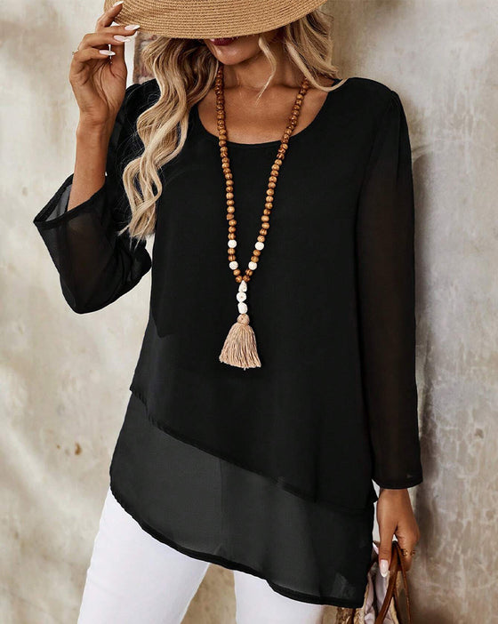 Round Neck Irregular Double Layer Blouse