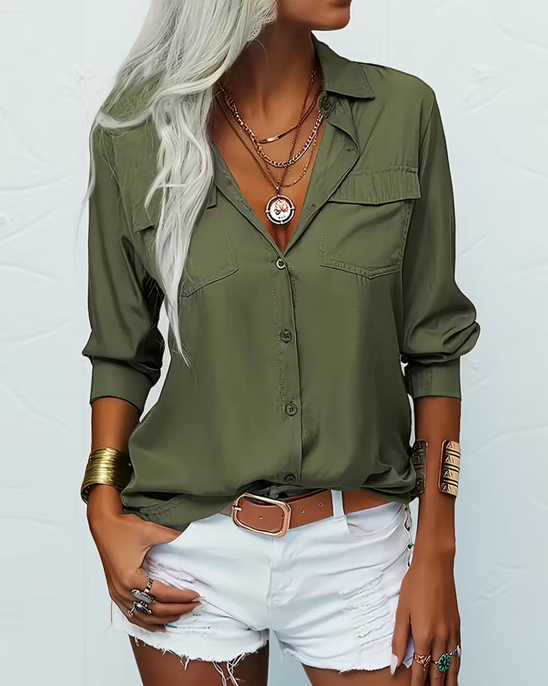 Women's Solid Color Shirt with Double Pockets