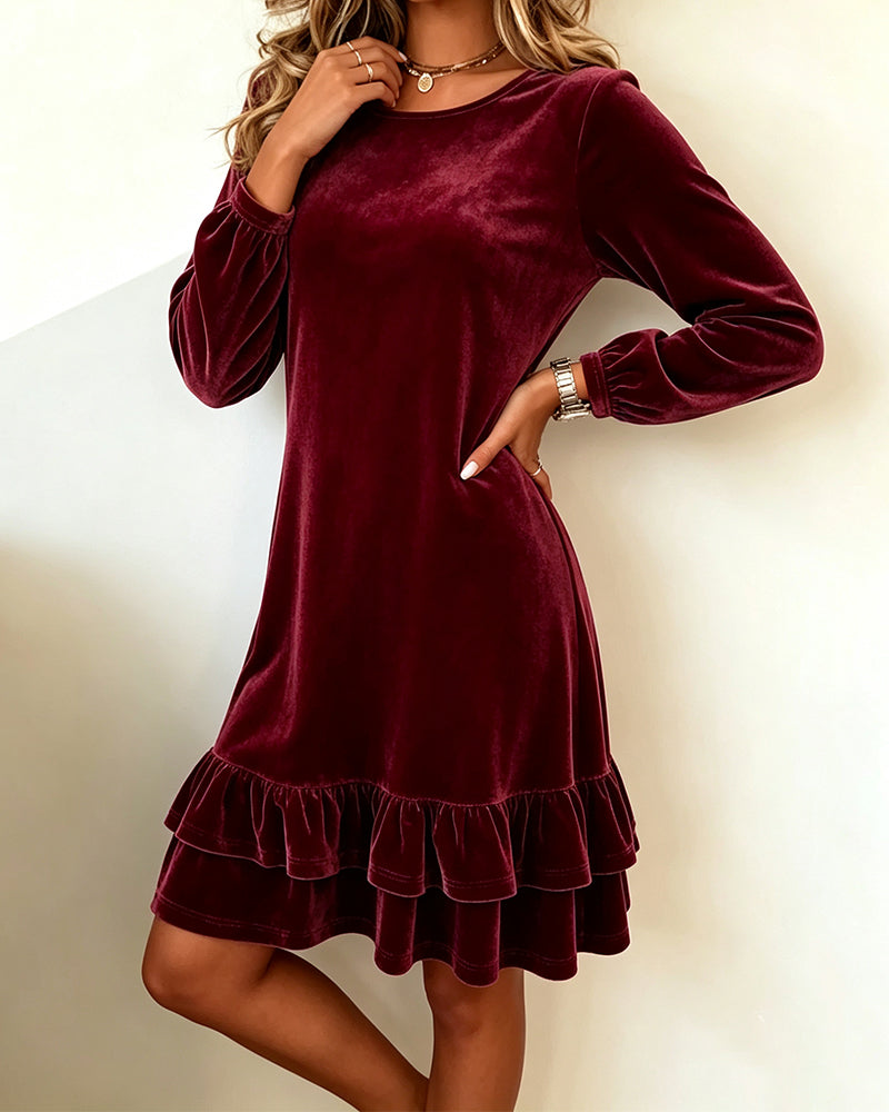 Round Neck Long Sleeve Ruffle Dress