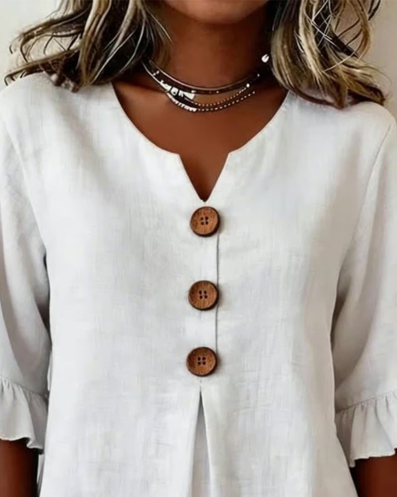 Solid-Color Cotton-Linen Wooden Buttons Ruffles Blouses