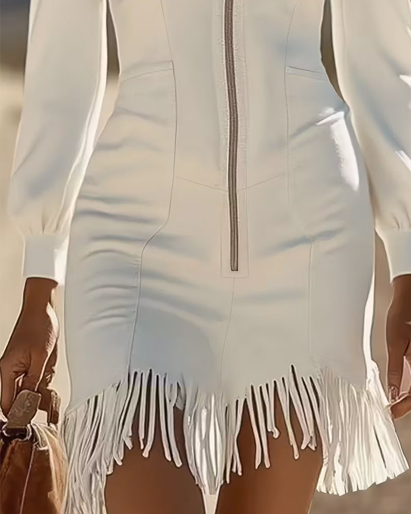 Zippered Collar And Fringed Hem Dress