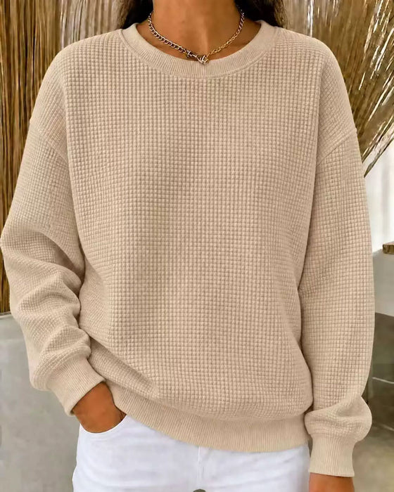Waffle Knit Solid Crewneck Top