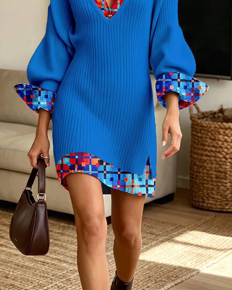 Mock Two-Piece Plaid V-Lapel Knit Short Dress