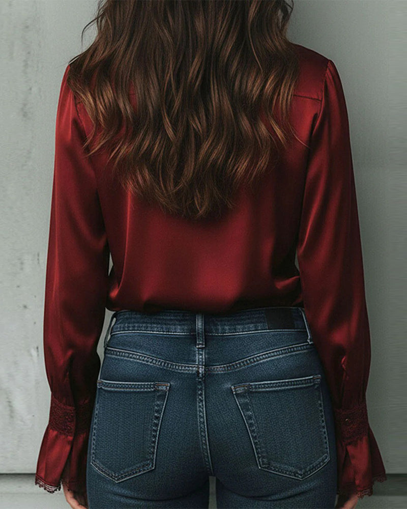 Satin Lace-Paneled Lapel Blouse