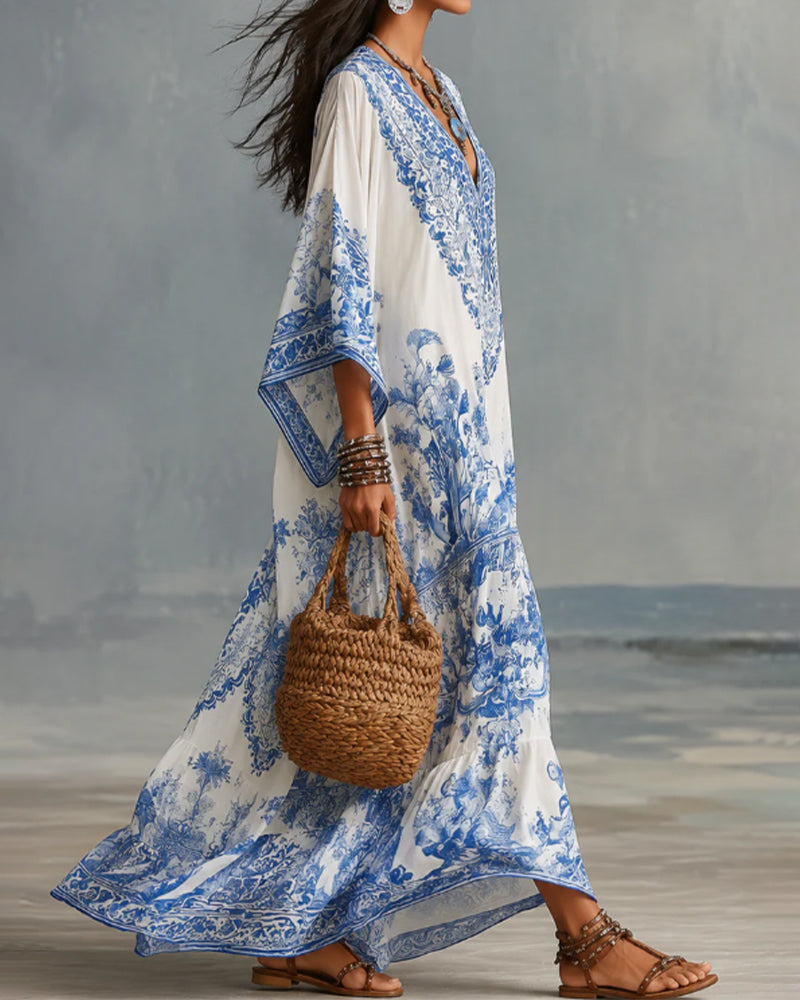 V-Neck Bohemian Flared Asymmetric Dress