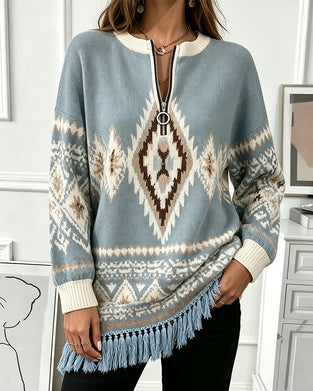 Geometric Jacquard Half-Zip Fringed Hem Pullover