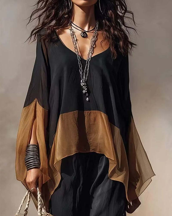 Contrast Panel Draped V-Neck Blouse