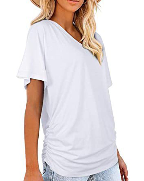 Pleated Solid Color V-Neck T-Shirt