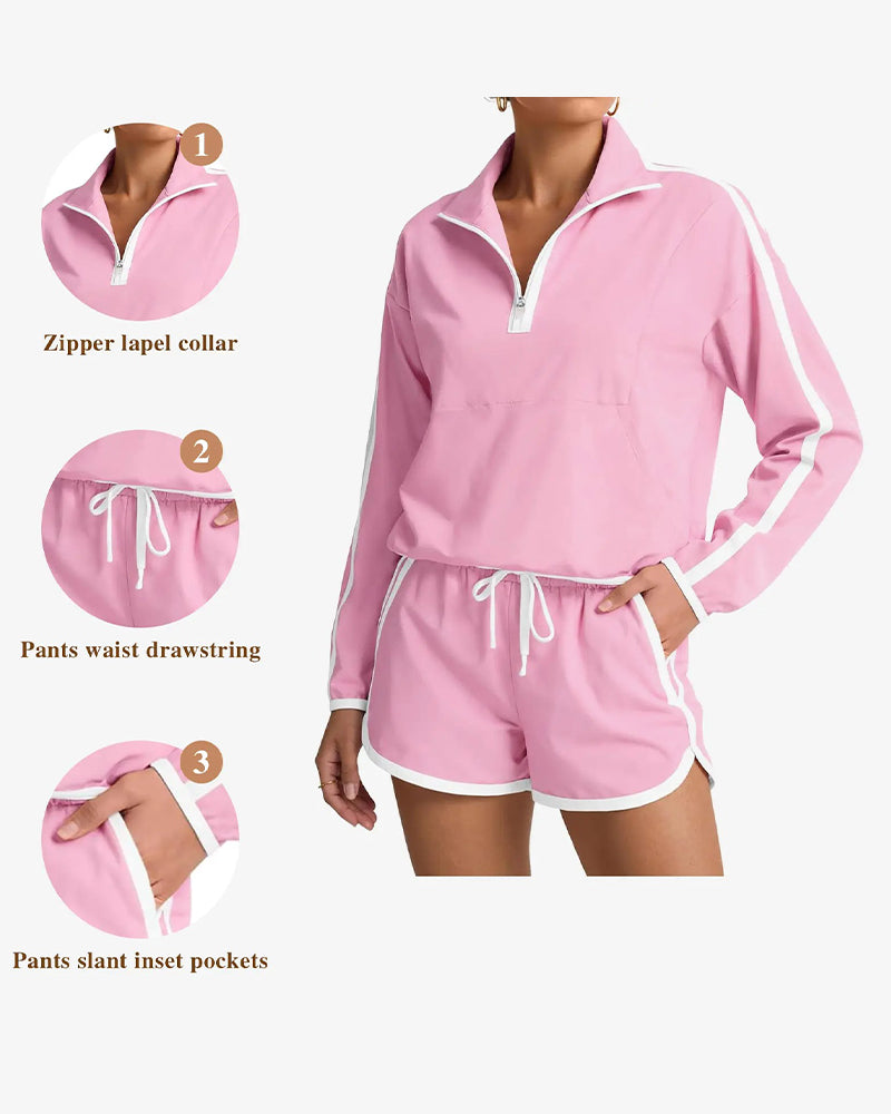 Zipper-Drawstring Color-Block Casual Set