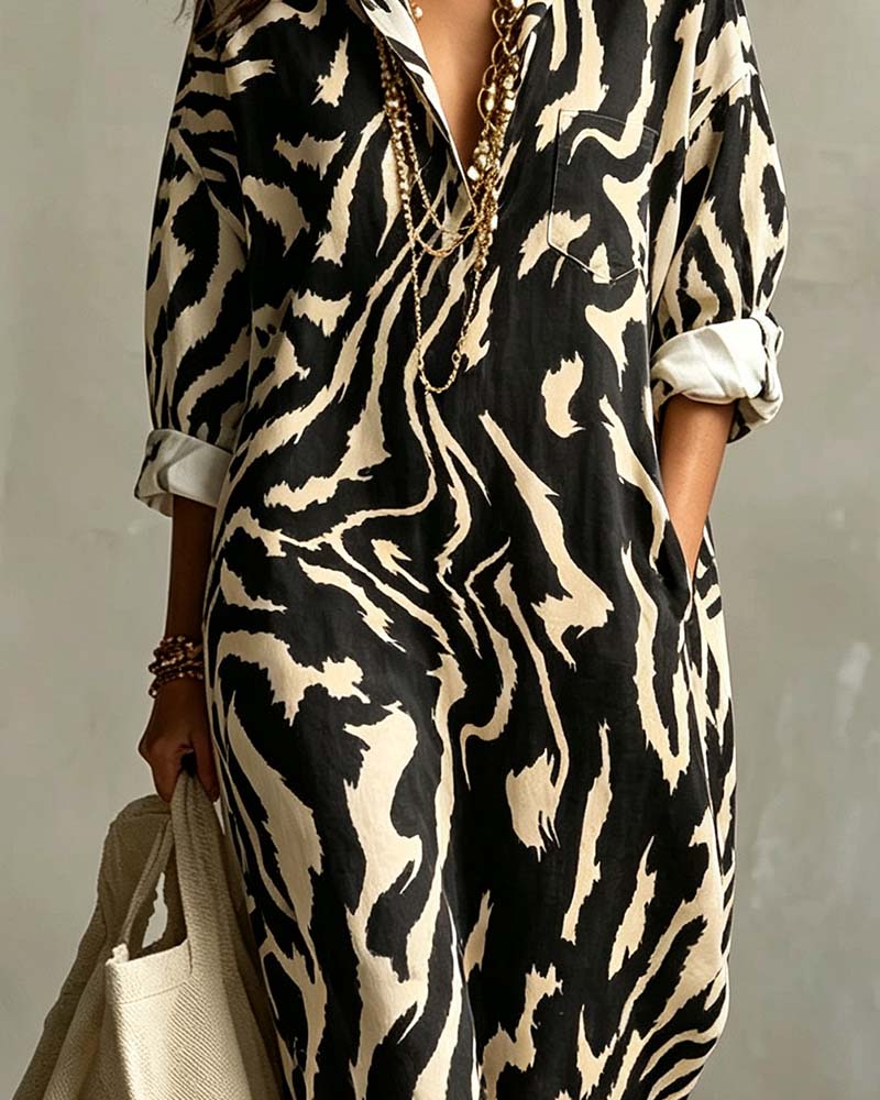Animal Print Lapel Pocket Shirt Dress
