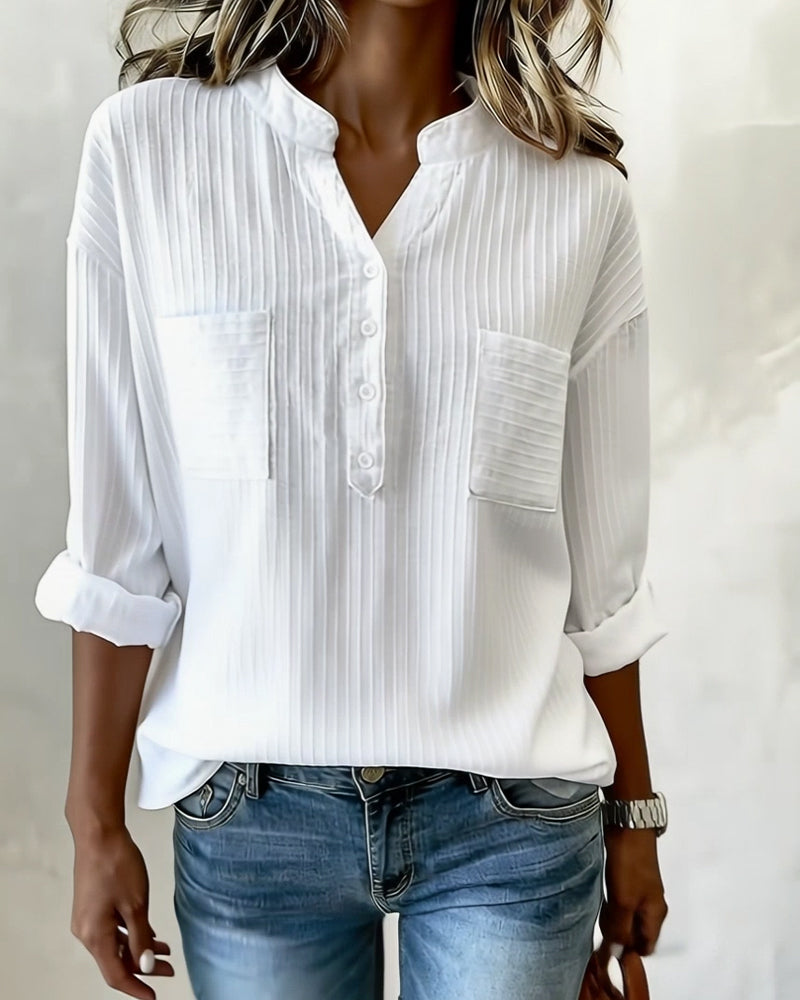 Vertical Waffle Henley Collar Double Pocket Shirt